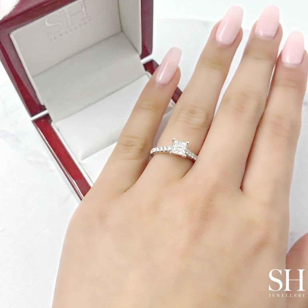 Classic Princess Cut Engagement Ring with Pavé-Set Band - W0333