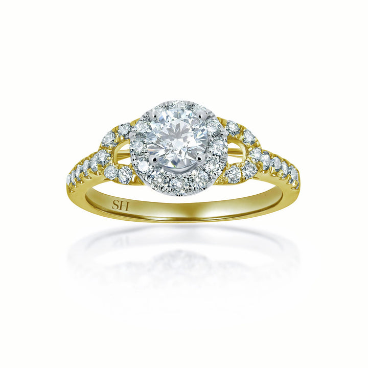 Halo style diamond plaque engagement ring with pavé set band - W0057