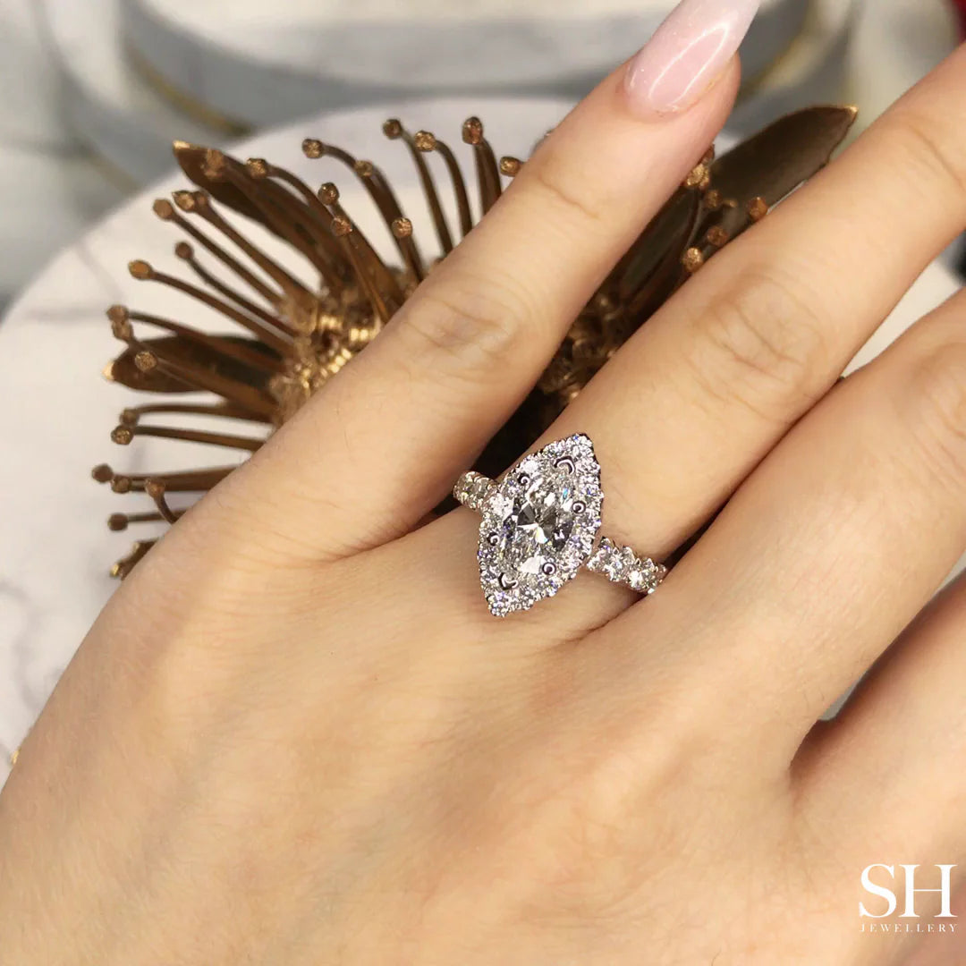Bold Halo Marquise Engagement Ring with Pavé-Set Band - W0582