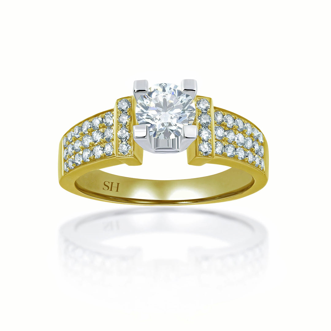 Modern 4-Claw engagement ring with tapered three row pavé set diamond band - W0058