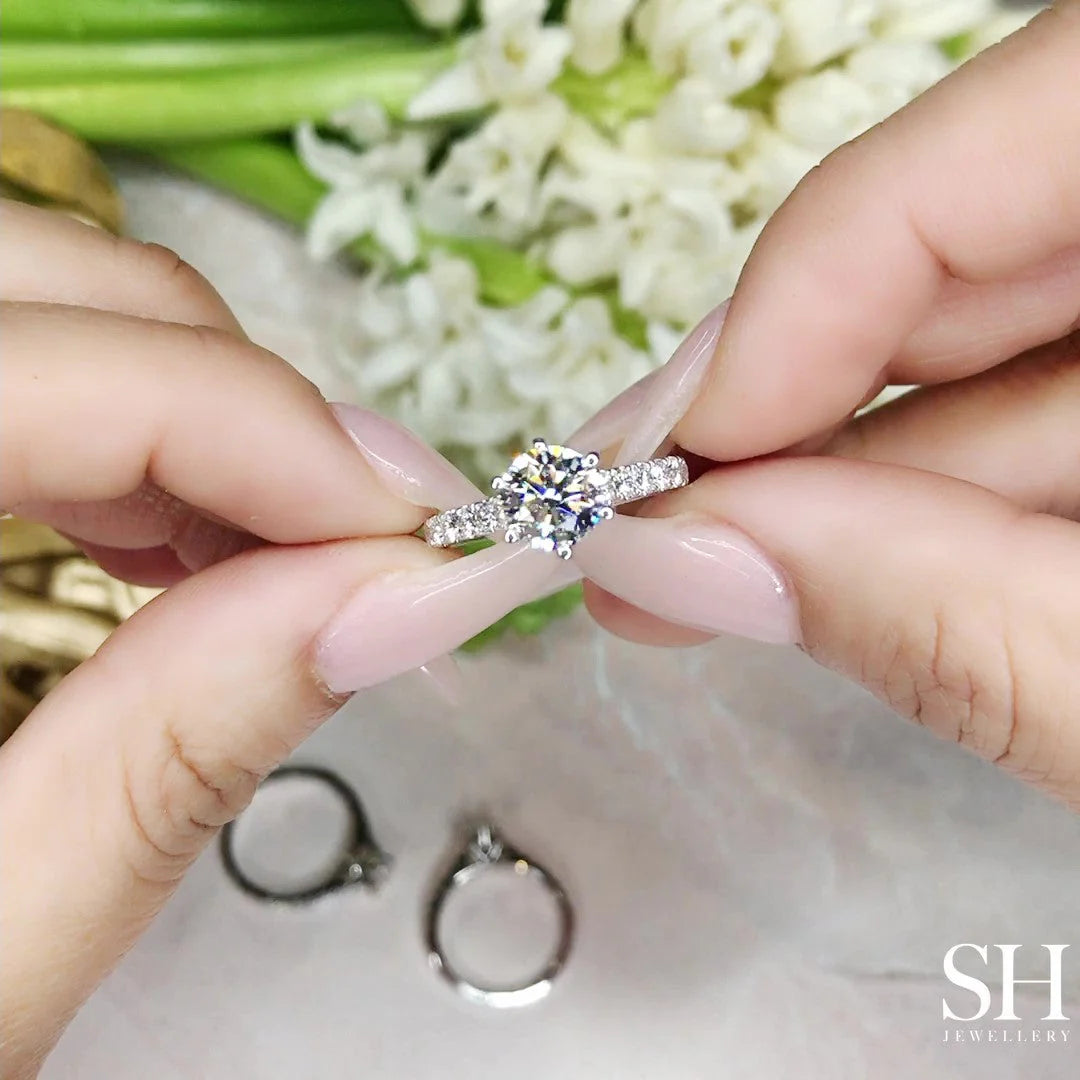 Bold 6-Claw engagement ring with pavé set band - W0253