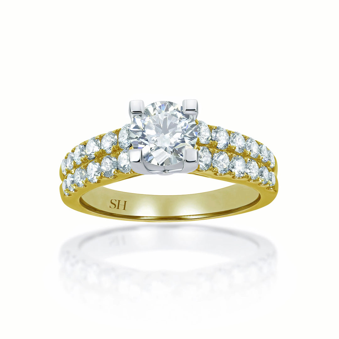 4-Claw engagement ring with tapered two row pavé set band - W0059