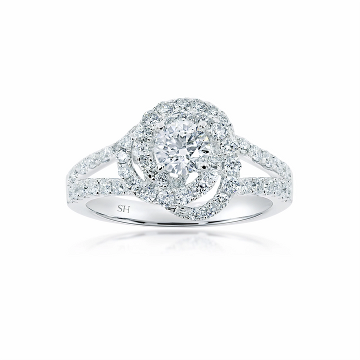 Floral petal halo diamond ring with tapering double band - W0406