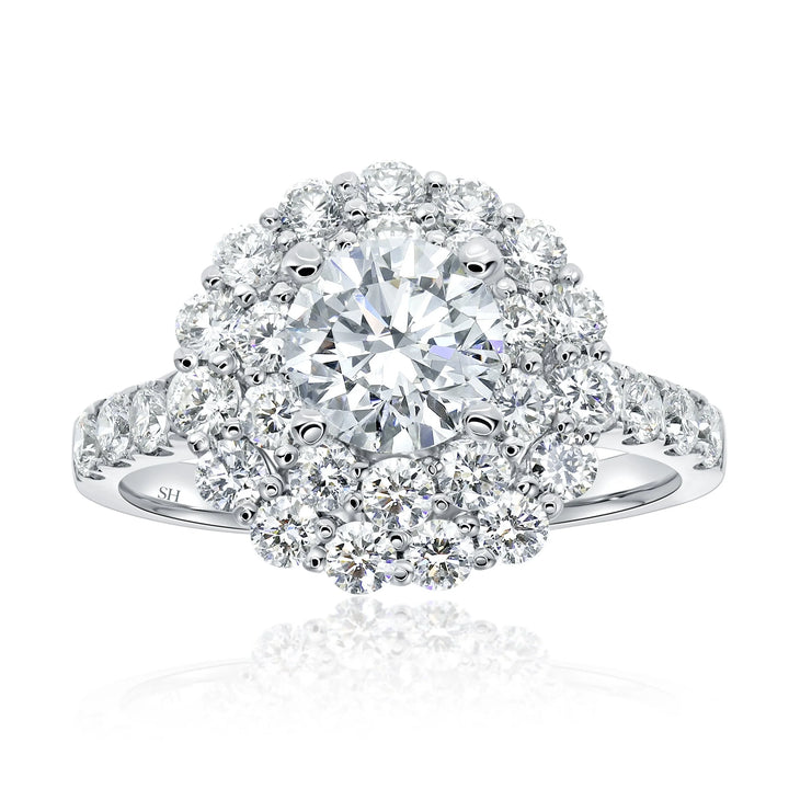 Floral Double Halo Diamond Engagement Ring with Pavé-Set Band - W0587