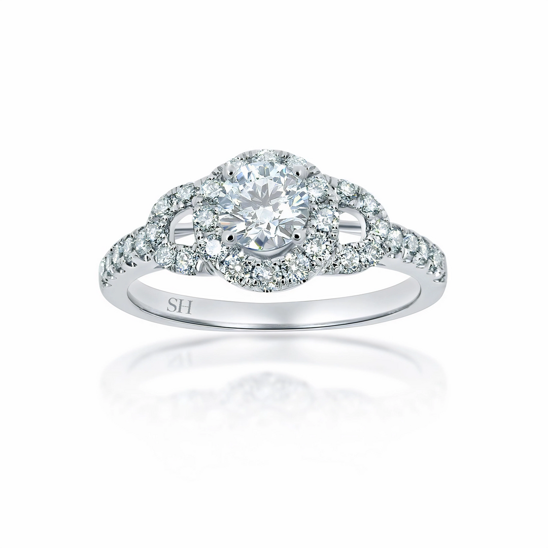 Halo style diamond plaque engagement ring with pavé set band - W0057