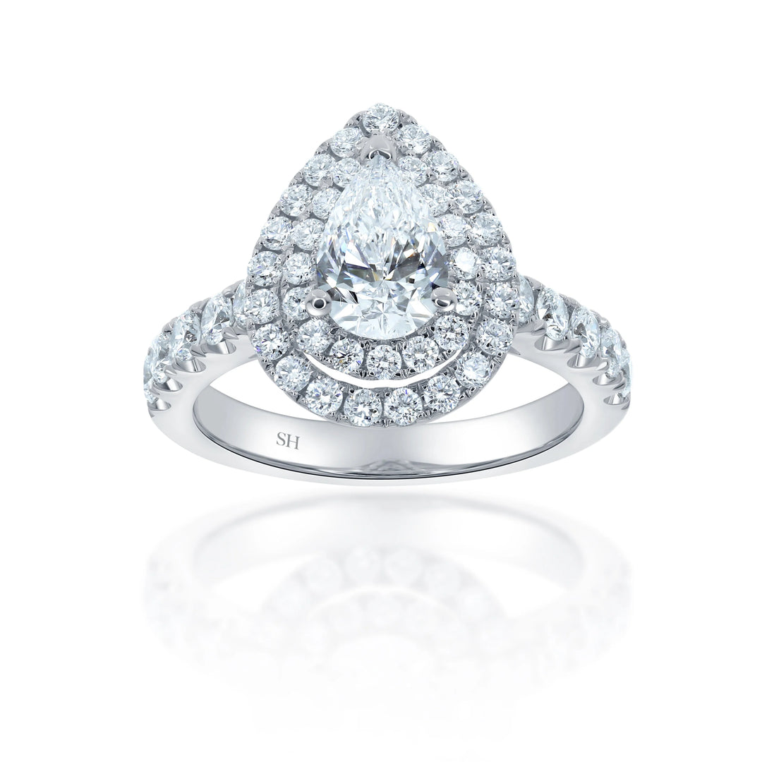 Double Halo Pear-Shaped Engagement Ring with 2.8mm Pavé-Set Band - W0800