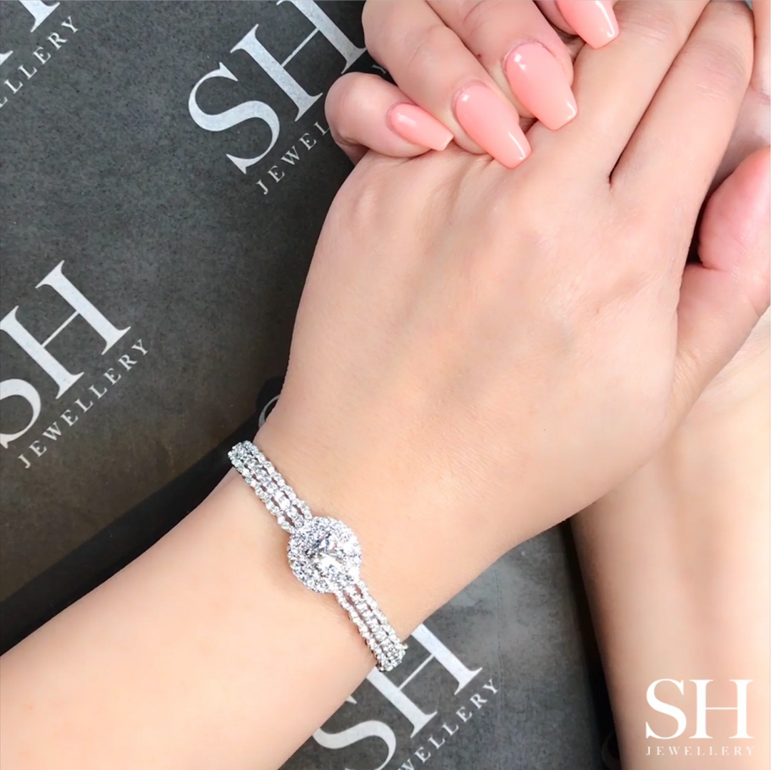 Double Halo Centred in Ripple Edged Three Row Bangle 8.0mm - W0920