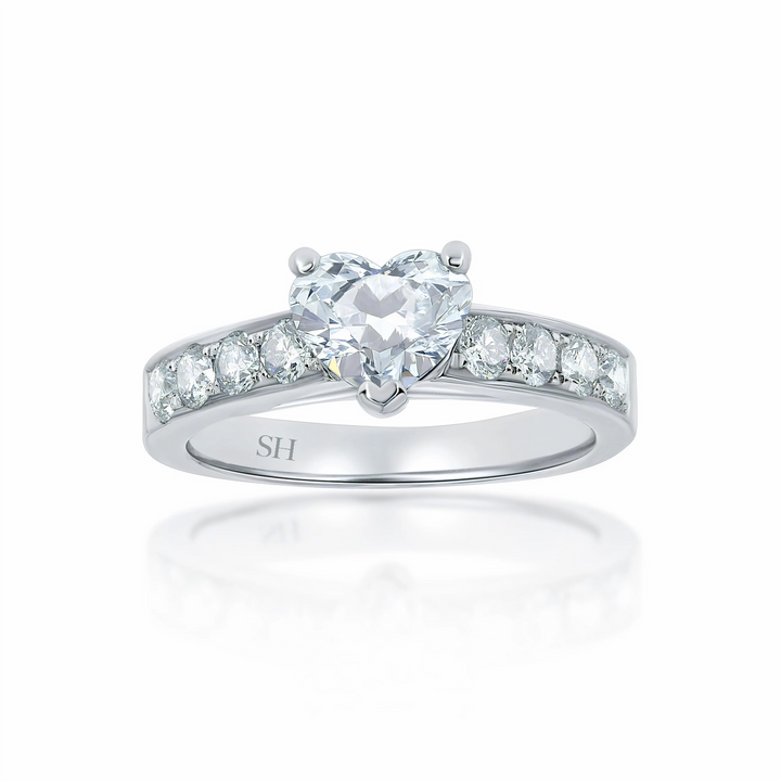 Modern 3-Claw Heart Shaped diamond engagement ring with pavé set diamond band - W0029