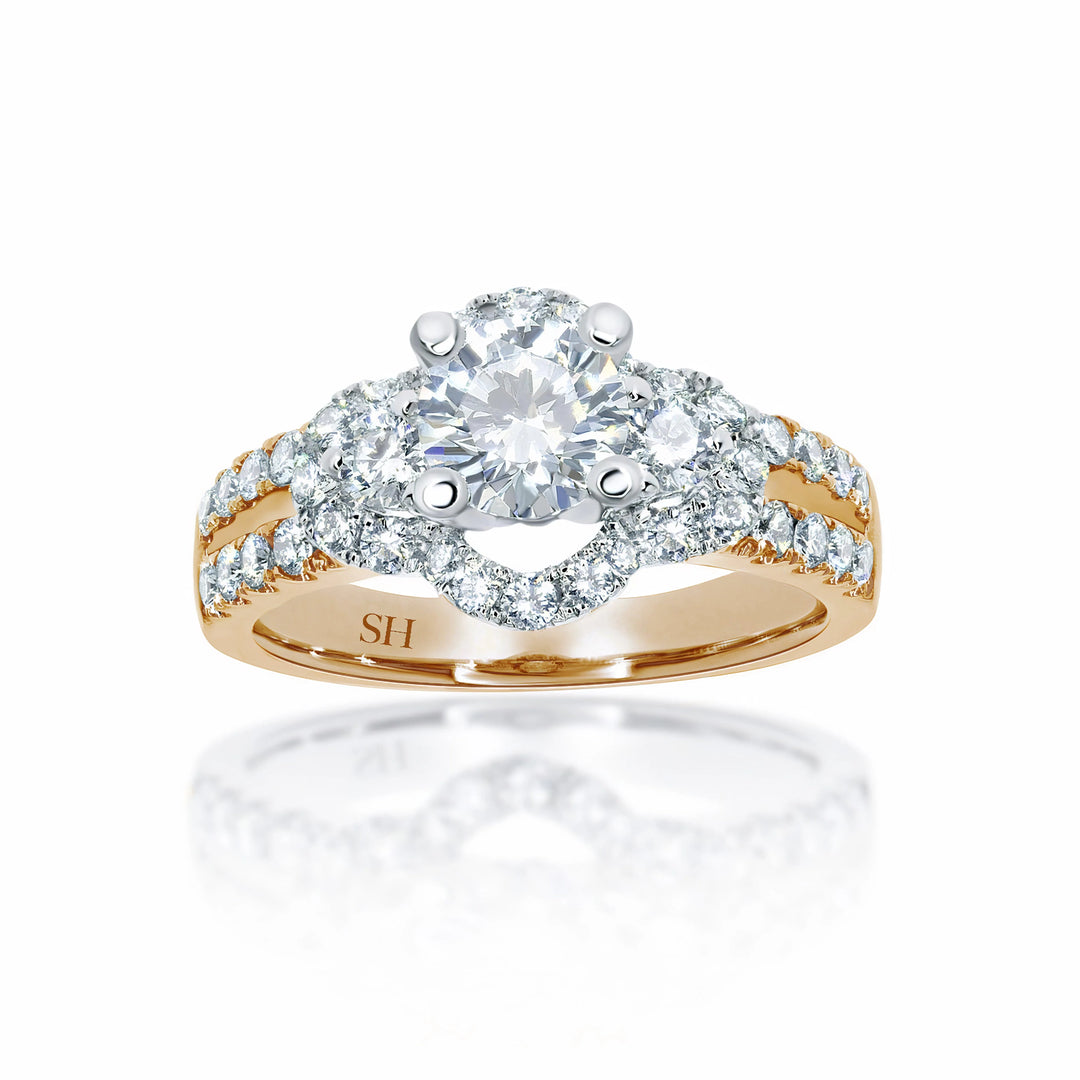 Modern 4-Claw engagement ring with semi halo twin Pavé set band - W0052
