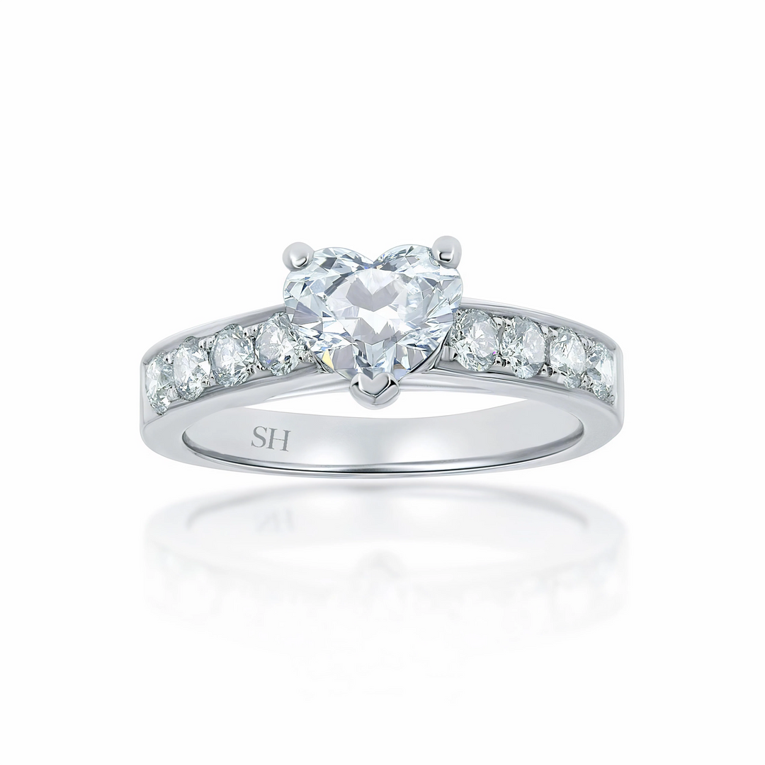 Modern 3-Claw Heart Shaped diamond engagement ring with pavé set diamond band - W0029