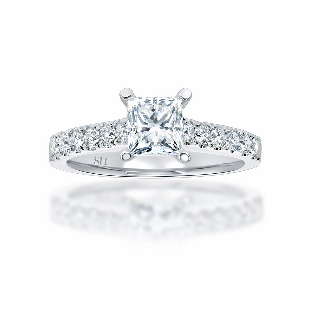 Classic Princess Cut Engagement Ring with Pavé-Set Band - W0333