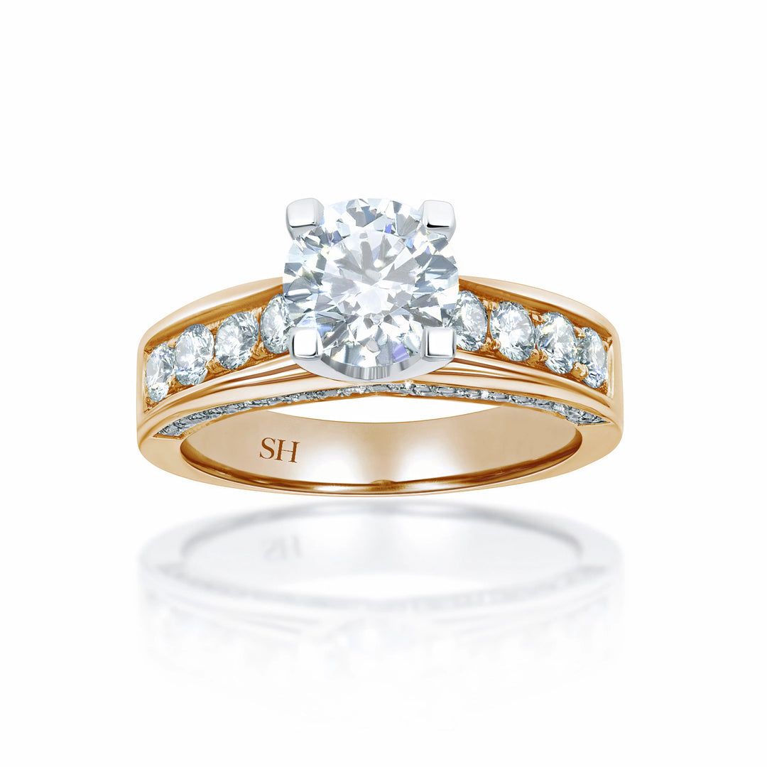 Modern 4-Claw engagement ring with grain set diamond band - W0051