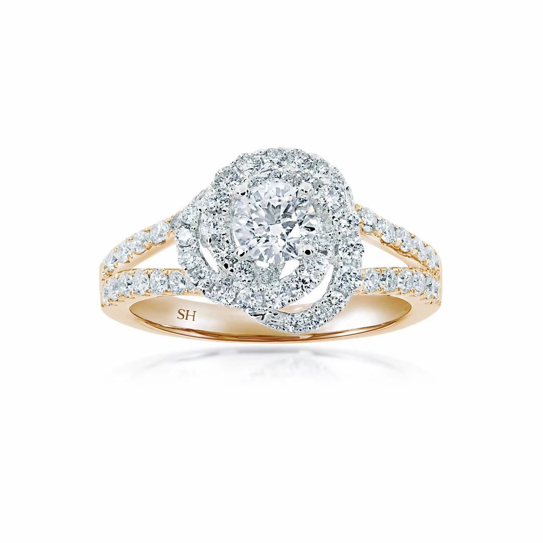 Floral petal halo diamond ring with tapering double band - W0406