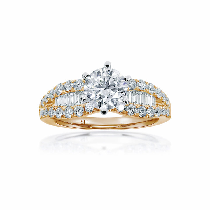 Bold 6-claw ring with channel set baguette diamond band - W0409
