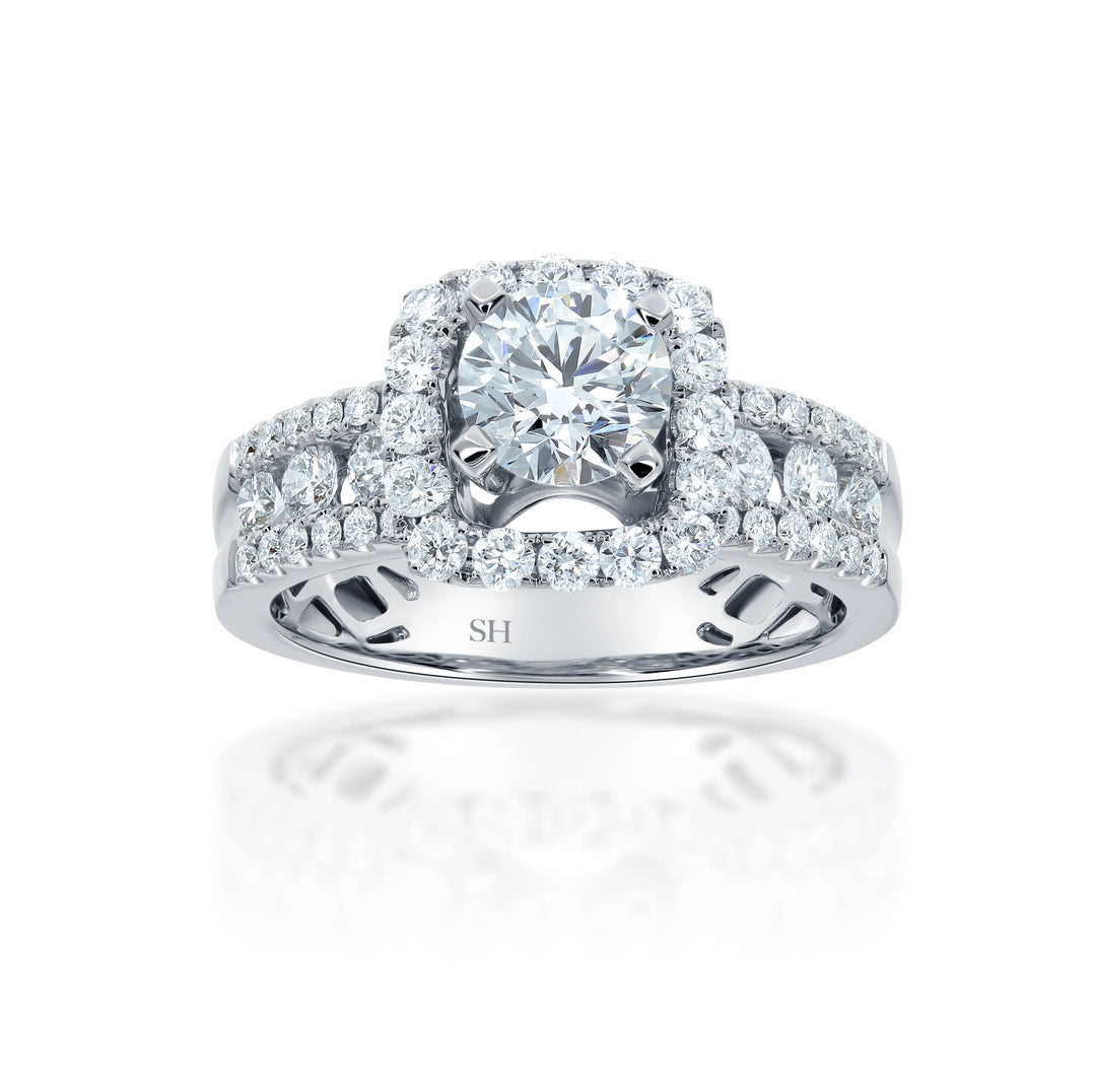 Modern Cushion Halo Engagement Ring with 5.9mm 3-Row Band - W0803
