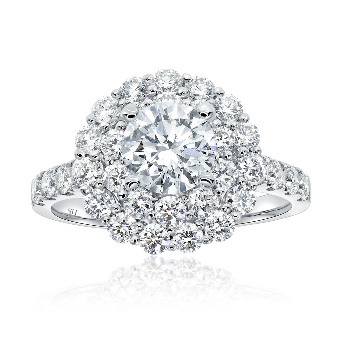 Floral Double Halo Diamond Engagement Ring with Pavé-Set Band - W0587