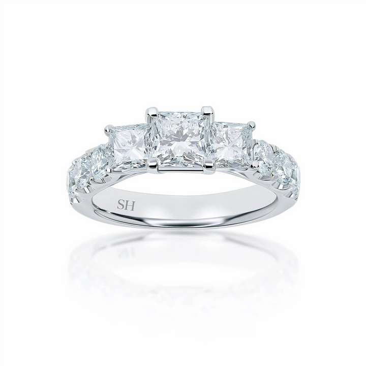 Modern Princess Cut trilogy ring with claw set band - W0033