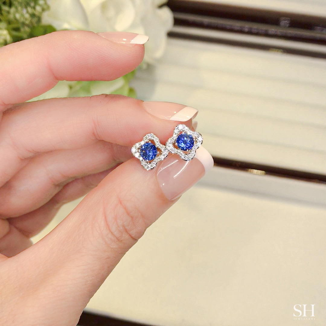 Sapphire clover shaped halo earrings - W0849