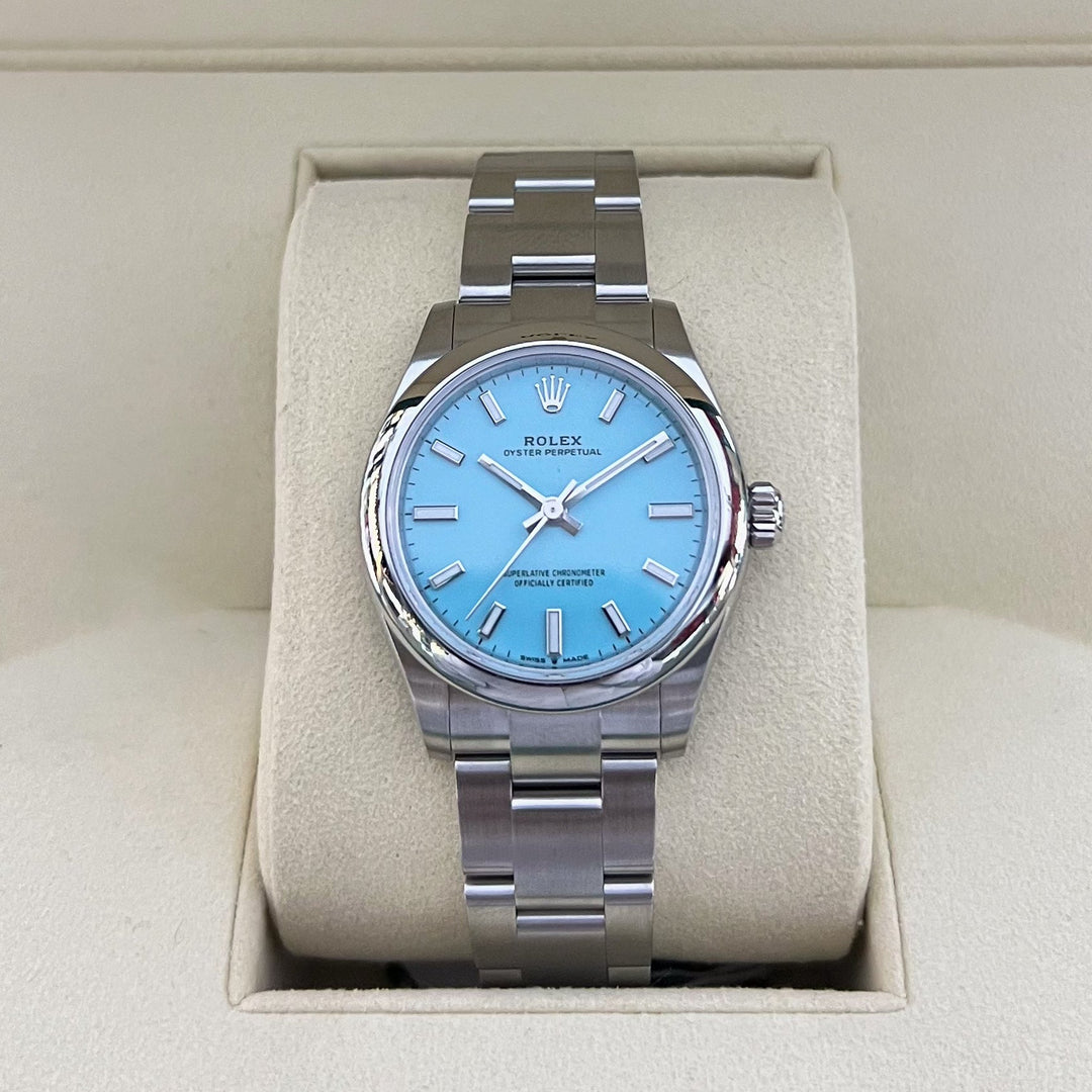 Rolex Oyster Perpetual31 31mm 'Tiffany Blue' Steel Turquoise Blue Dial Stick Markers 2025 Ref m277200-0007 (#906)
