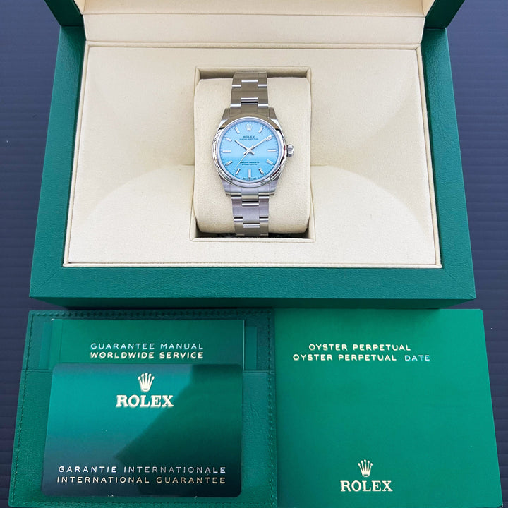 Rolex Oyster Perpetual31 31mm 'Tiffany Blue' Steel Turquoise Blue Dial Stick Markers 2025 Ref m277200-0007 (#906)