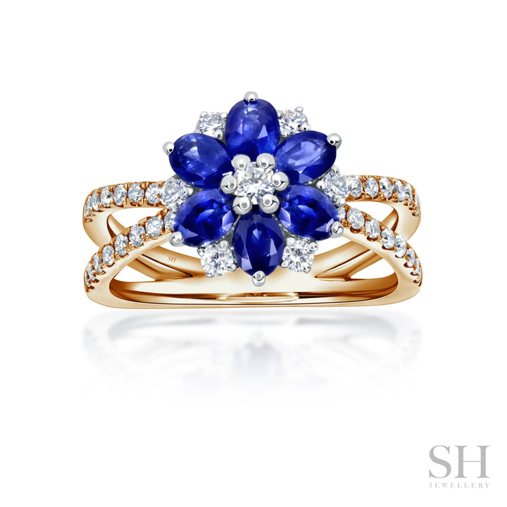 Sapphire and Diamond Blossom Ring with Twin-Pavé band (medium) - W1006