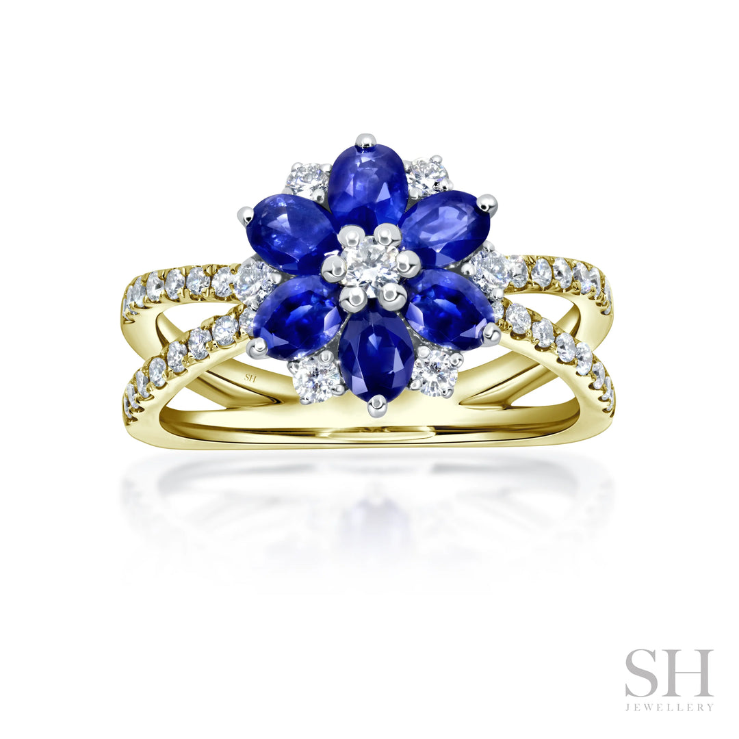 Sapphire and Diamond Blossom Ring with Twin-Pavé band (medium) - W1006