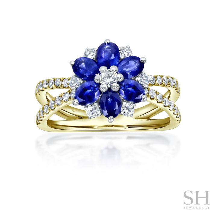 Sapphire and Diamond Blossom Ring with Twin-Pavé band (medium) - W1006