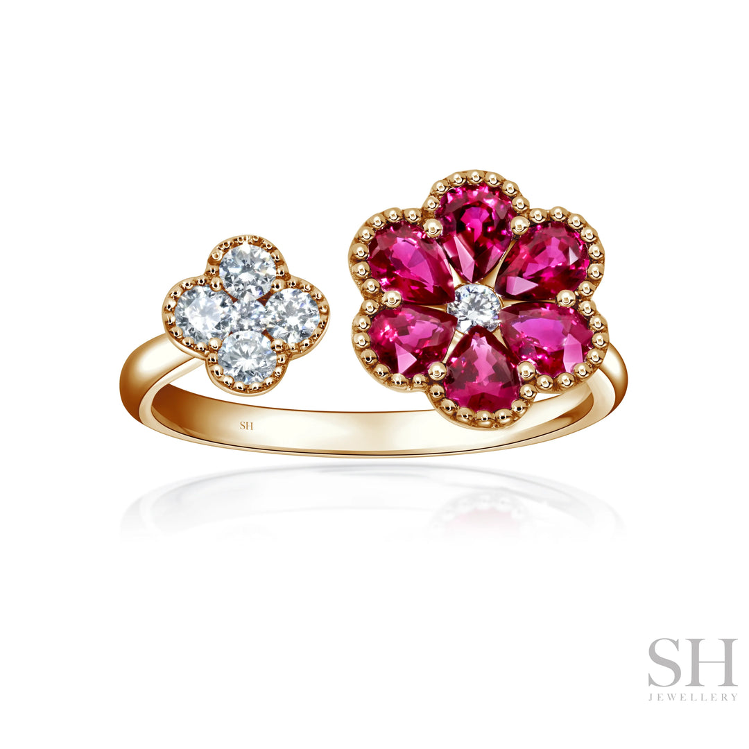 Duo Ruby and Diamond Clover Milgrain Ring - W1017
