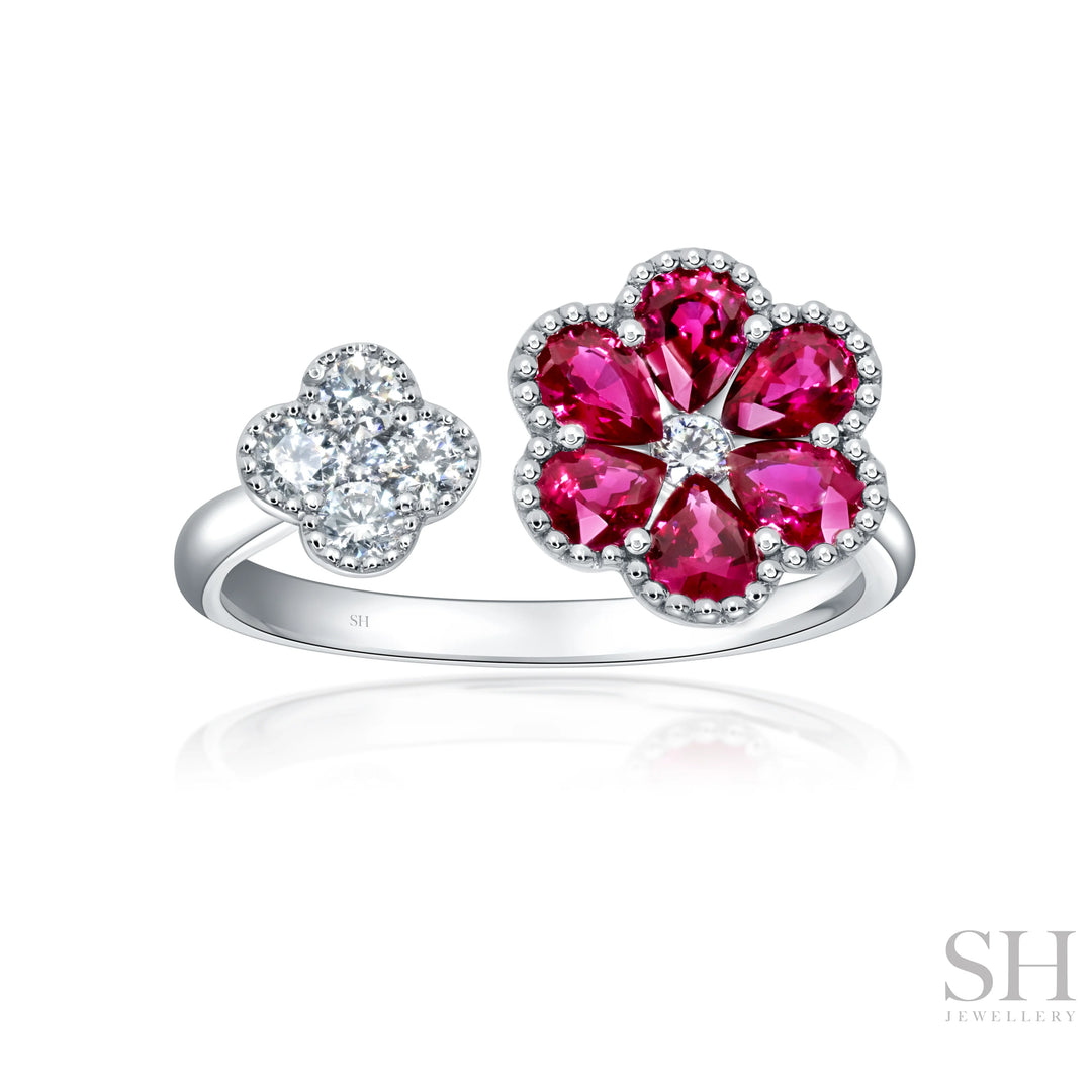 Duo Ruby and Diamond Clover Milgrain Ring - W1017