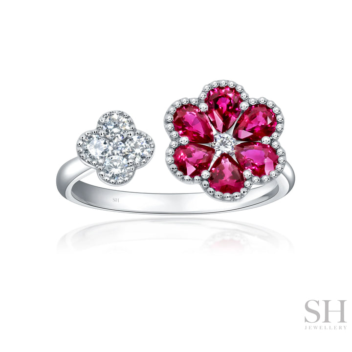 Duo Ruby and Diamond Clover Milgrain Ring - W1017