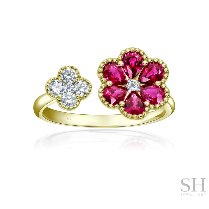 Duo Ruby and Diamond Clover Milgrain Ring - W1017