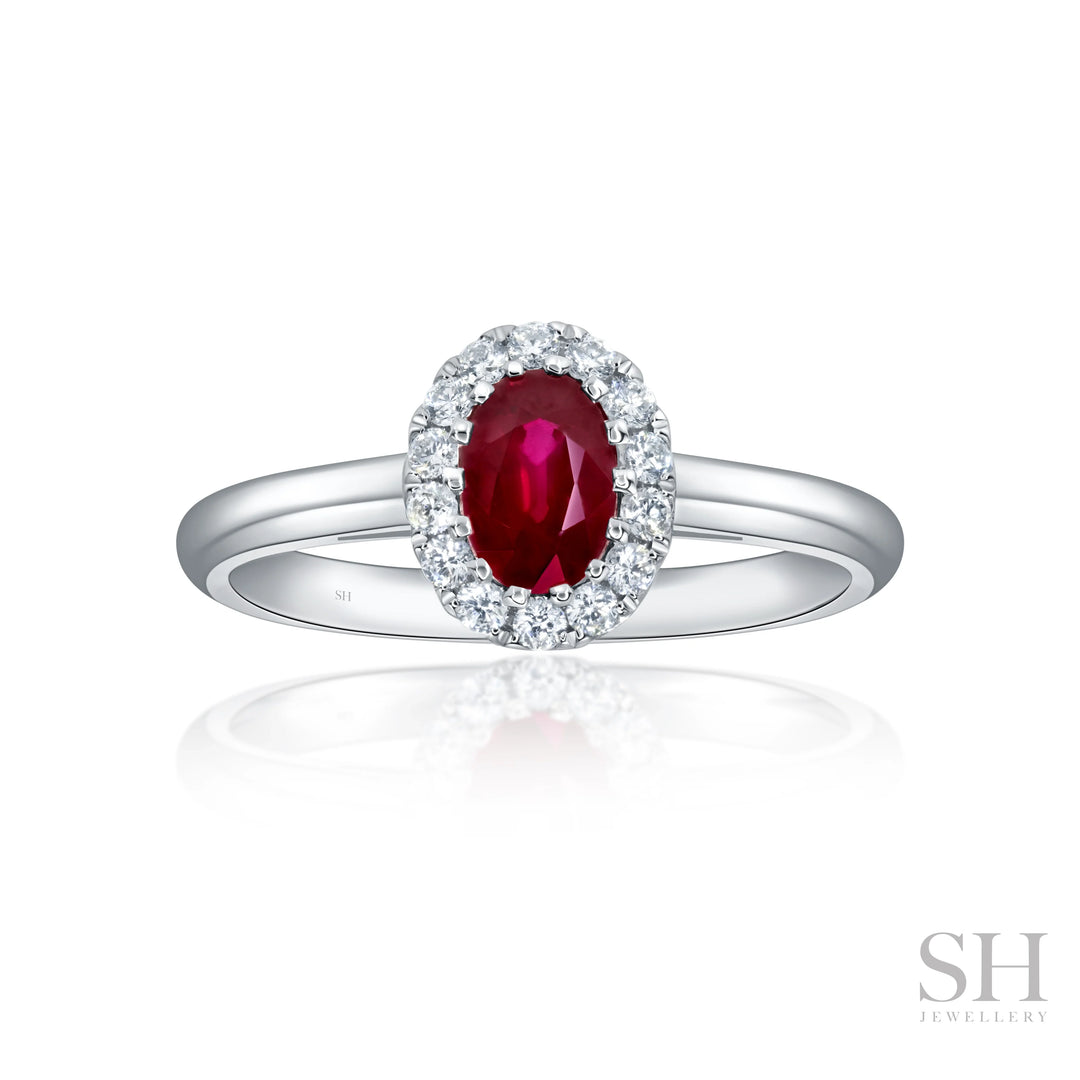 Classic Ruby Halo Diamond Ring with Polished Band - W1019