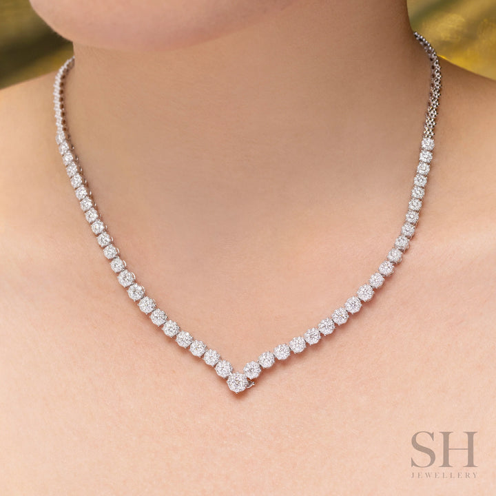 Luminous V-Drop Round Cluster Diamond Tennis Necklace (small) - W1116