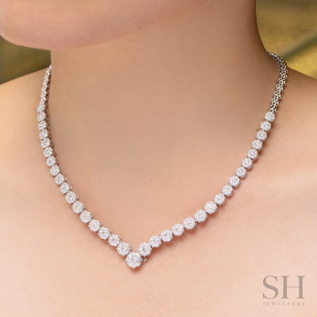 Luminous V-Drop Round Cluster Diamond Tennis Necklace (medium) - W1117