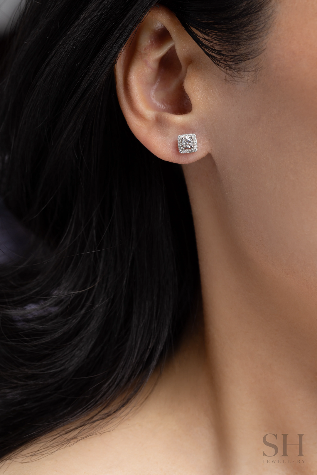 Elegant Square Halo Diamond Stud Earrings (0.20ct centre) - W1300