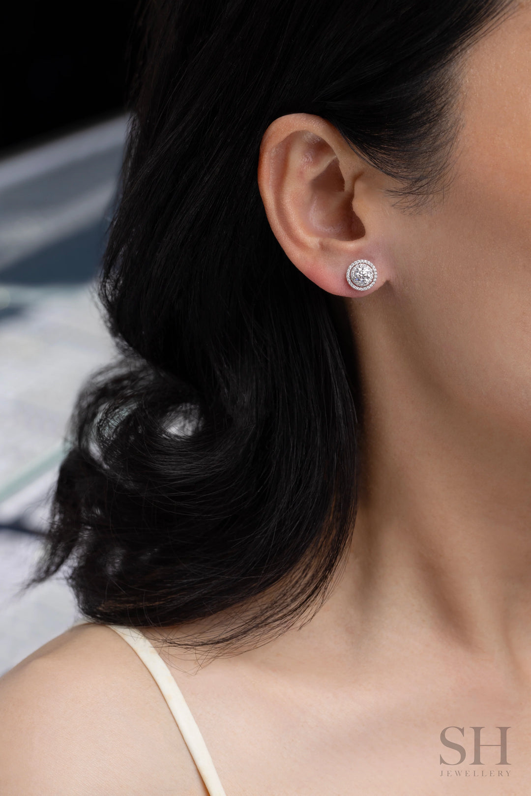 Thin Width Double Circular Halo Diamond Earrings (0.35ct centre) - W1314