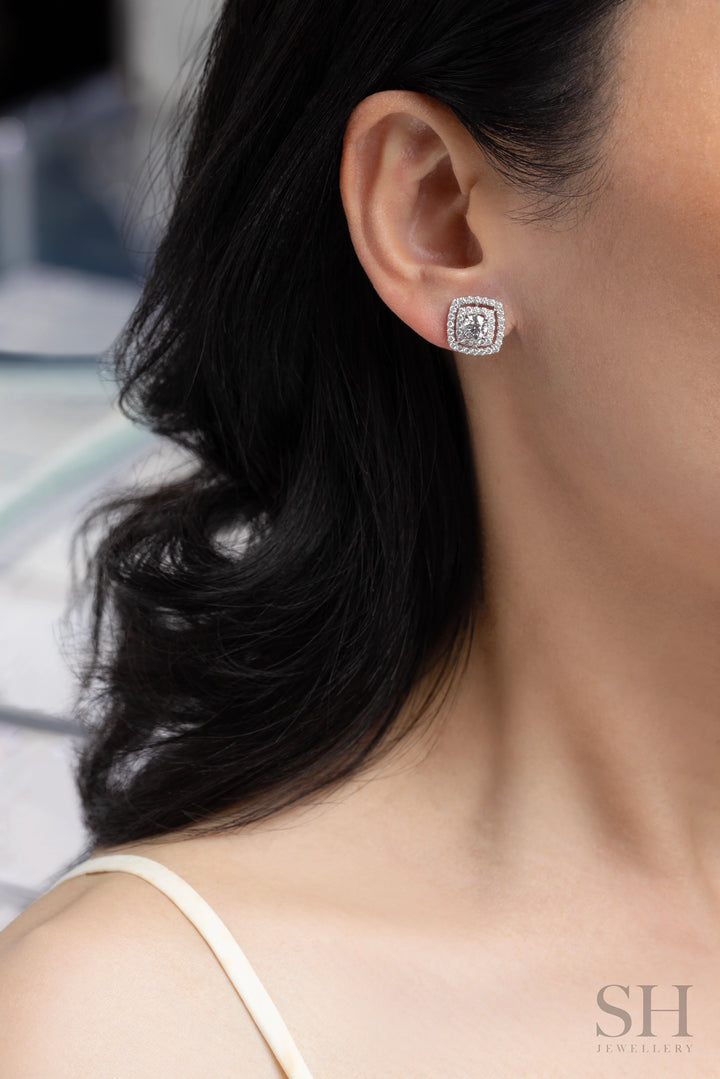 Glamorous Cushion Shaped Double Halo Diamond Stud Earrings (0.50ct centre) - W1331