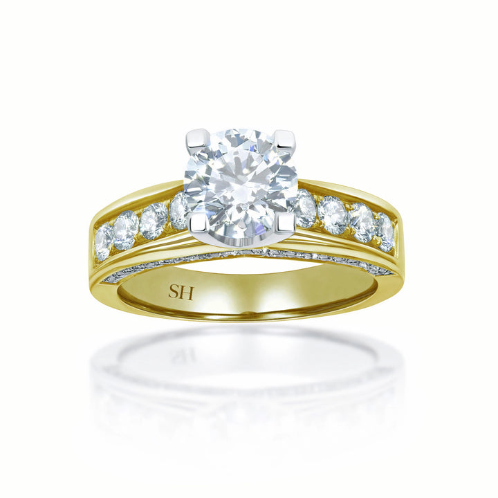 Modern 4-Claw engagement ring with grain set diamond band - W0051