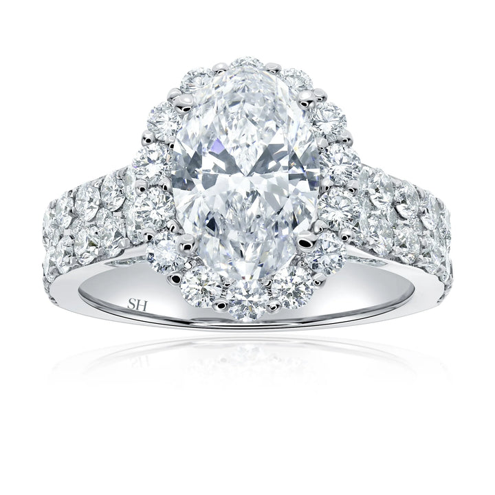 Floral Halo Oval Engagement Ring With Twin Pavé-Set Diamond Bands - W0580