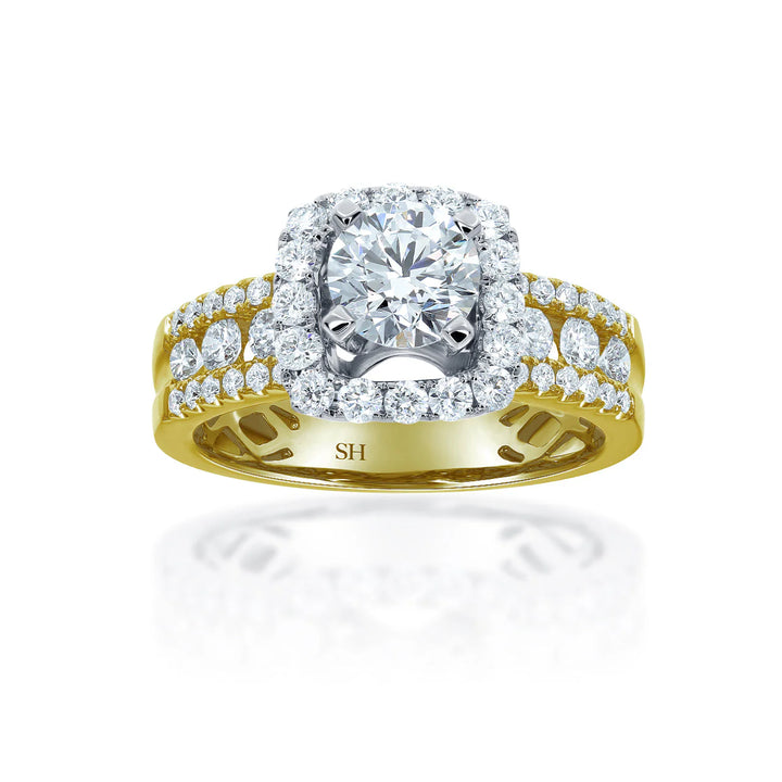 Modern Cushion Halo Engagement Ring with 5.9mm 3-Row Band - W0803