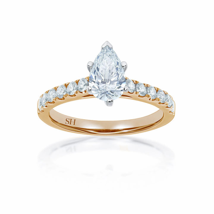 Modern 6-Claw Pear Shaped diamond engagement ring with pavé set band - W0025