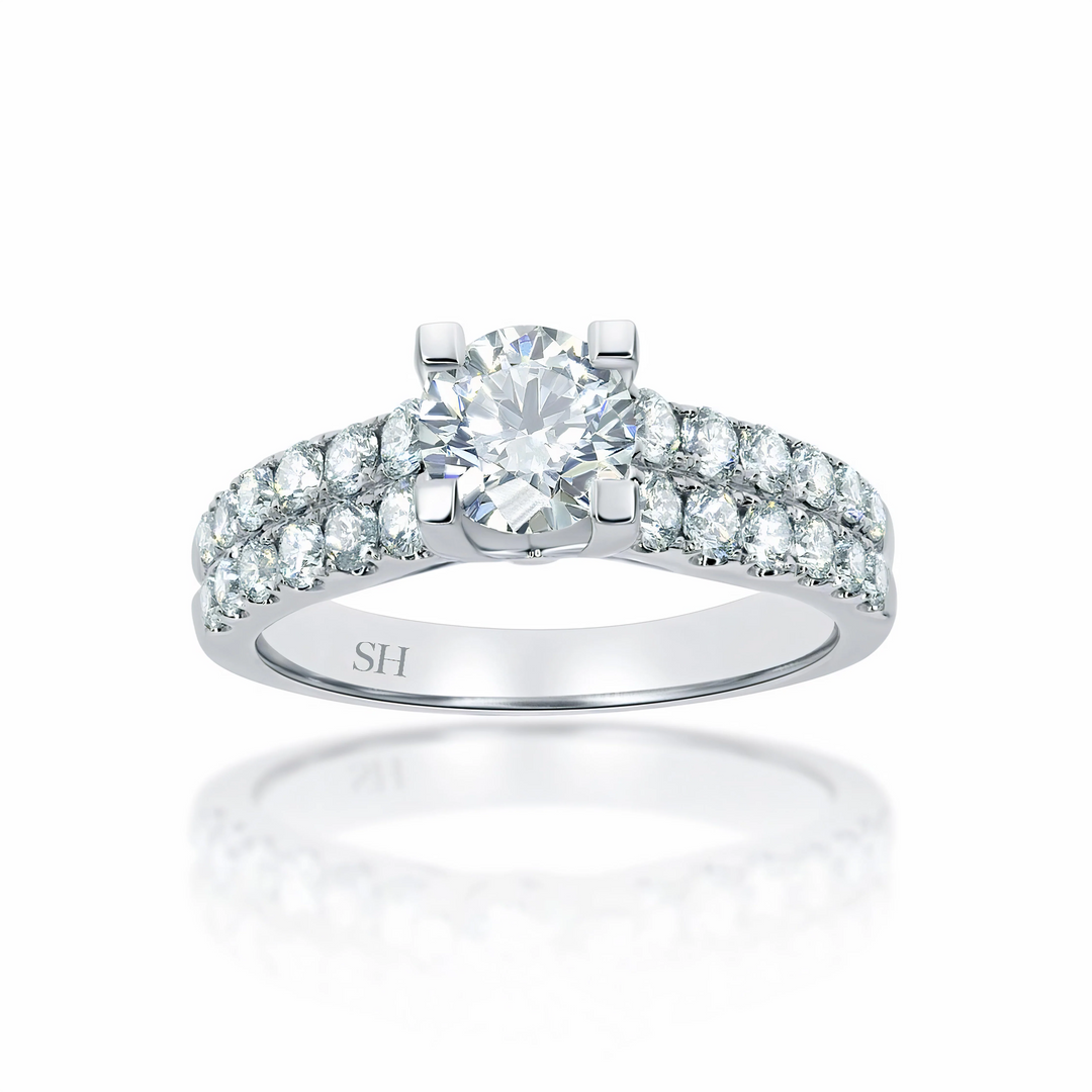 4-Claw engagement ring with tapered two row pavé set band - W0059