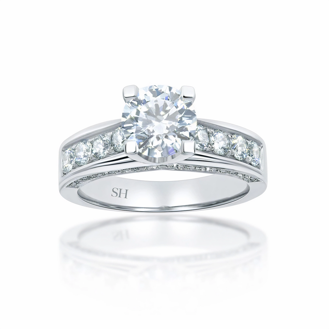Modern 4-Claw engagement ring with grain set diamond band - W0051