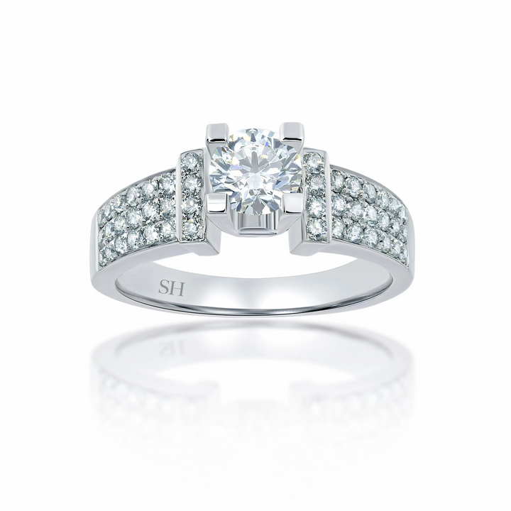 Modern 4-Claw engagement ring with tapered three row pavé set diamond band - W0058