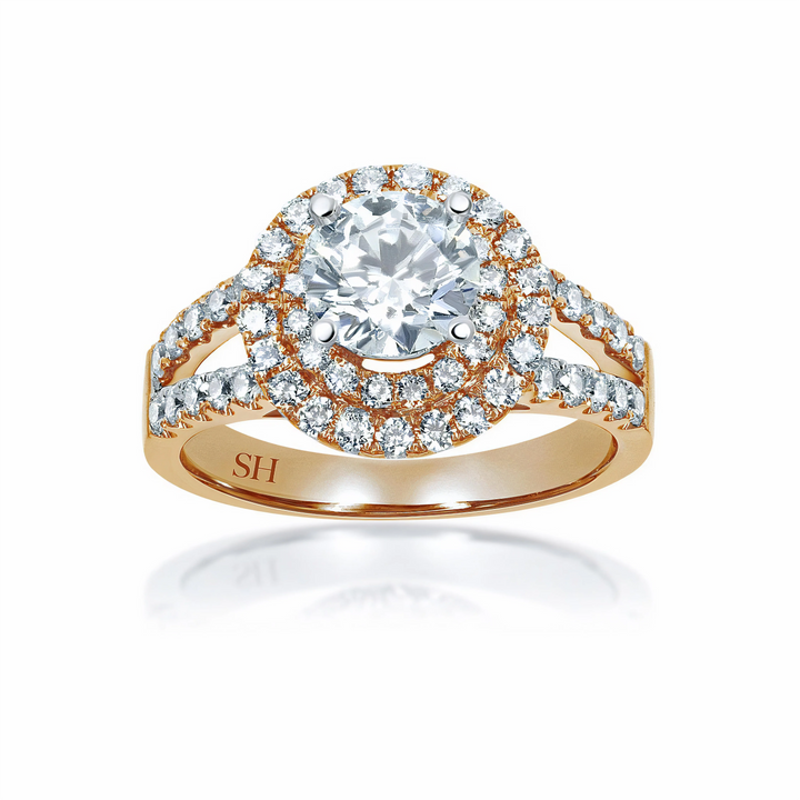 Double Halo Style Diamond Engagement Ring with Twin Pavé-Set Band - W0060