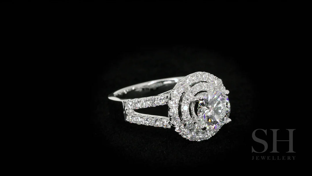 Double Halo Style Diamond Engagement Ring with Twin Pavé-Set Band - W0060