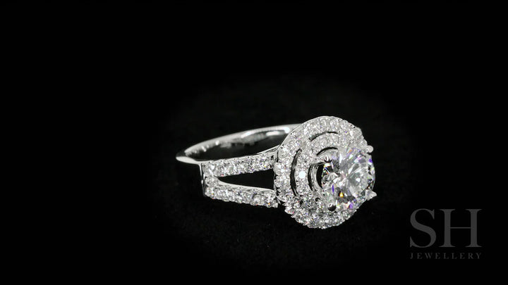 Double Halo Style Diamond Engagement Ring with Twin Pavé-Set Band - W0060