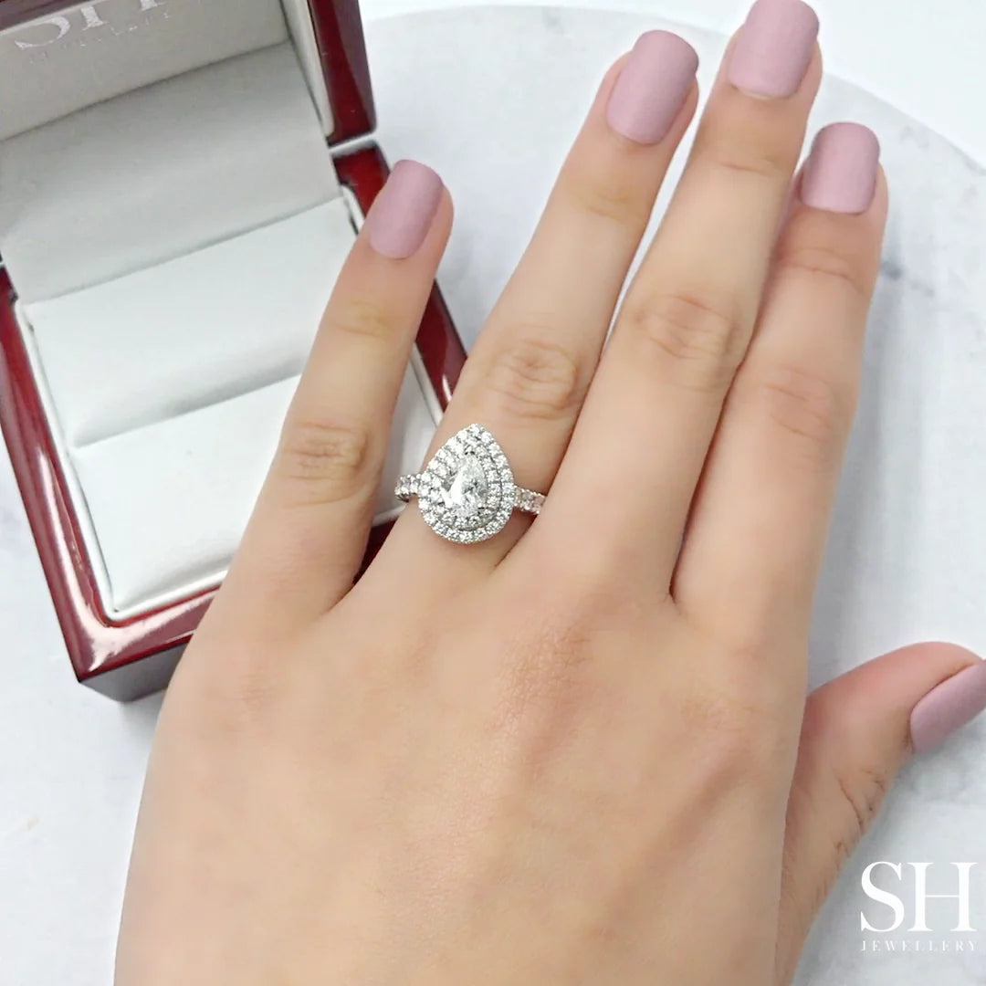 Bright Pear Shaped Double Halo Ring with Pavé Set Band - W0576