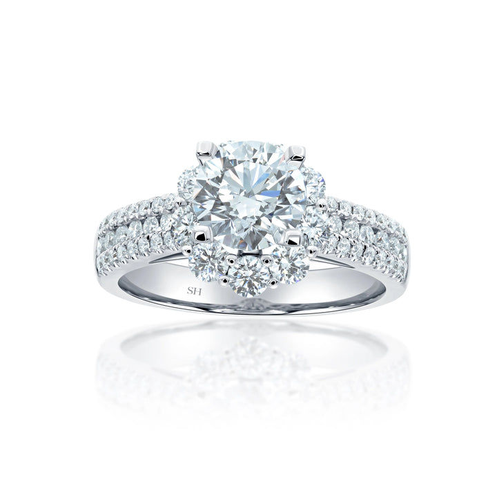 Modern Floral Halo Engagement Ring with 3.5mm 3-Row Band - W0805