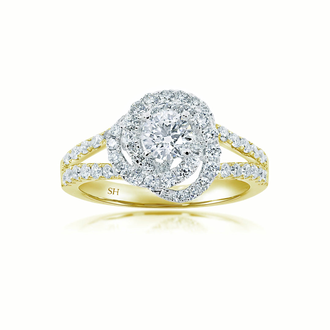 Floral petal halo diamond ring with tapering double band - W0406